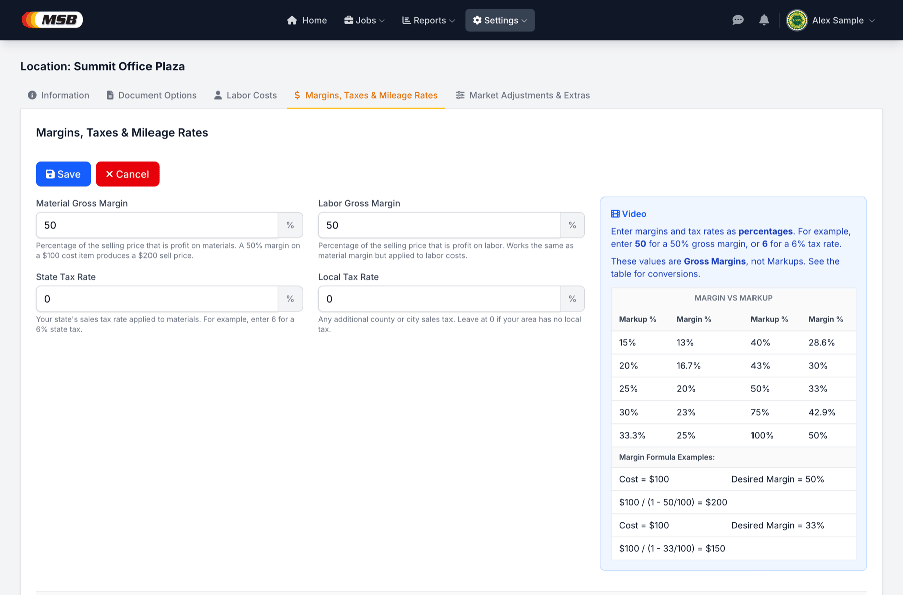 Location margins and pricing settings