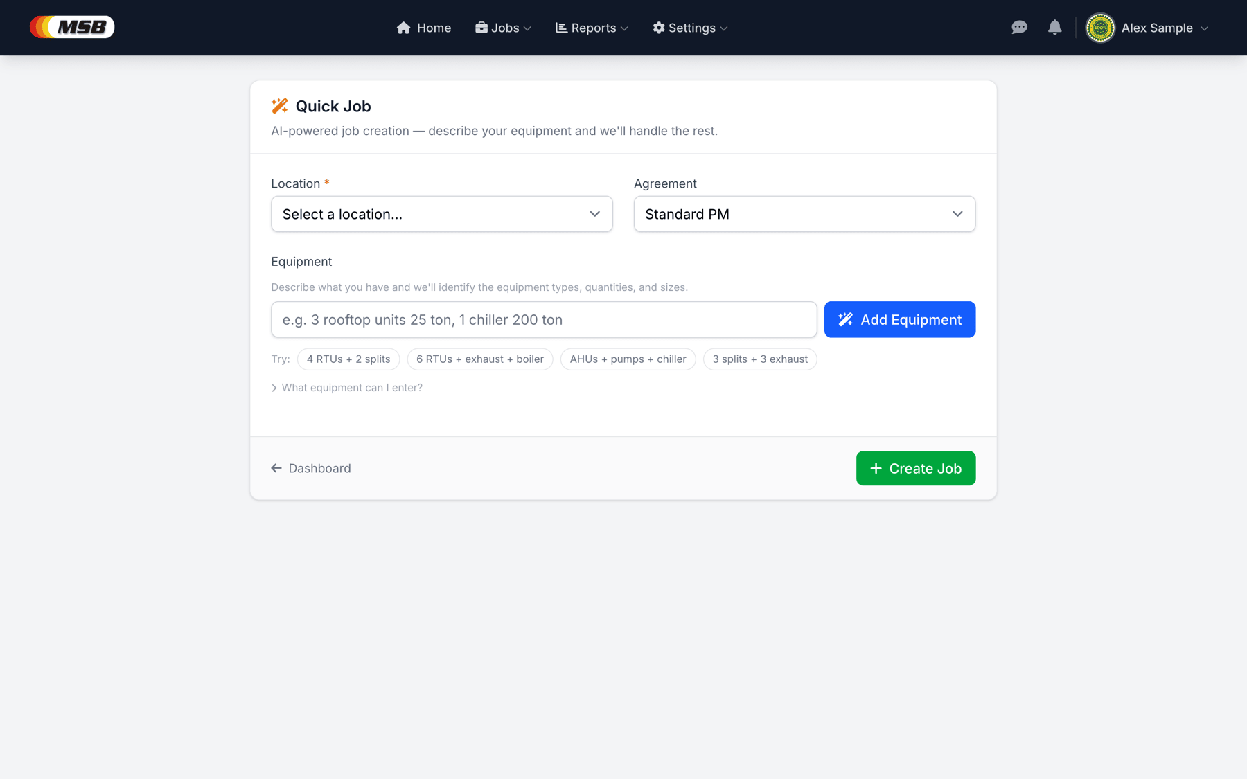 AI Quick Add: type equipment in plain English and get instant results